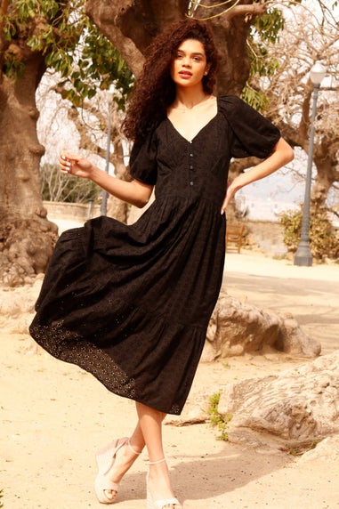 Roman Black Broderie Puff Sleeve Cotton Midi Dress