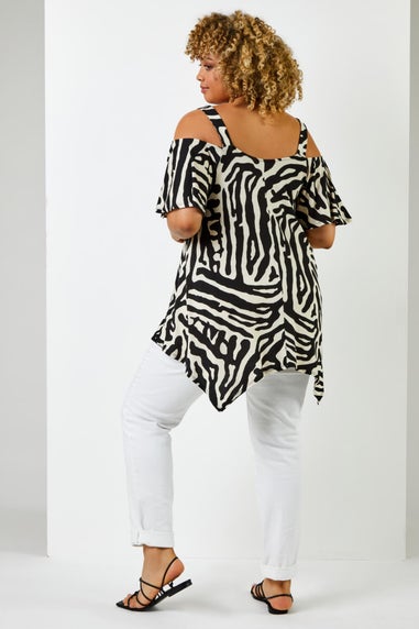 Roman Black Curve Abstract Animal Cold Shoulder Tunic Top