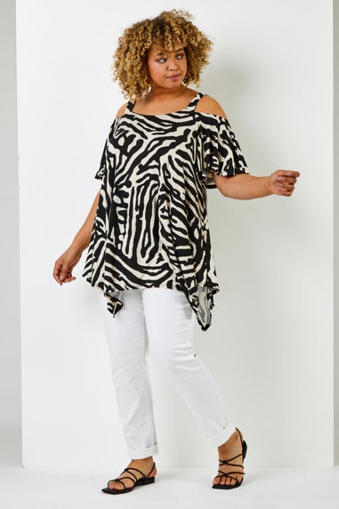 Roman Curve Black Abstract Animal Cold Shoulder Tunic Top