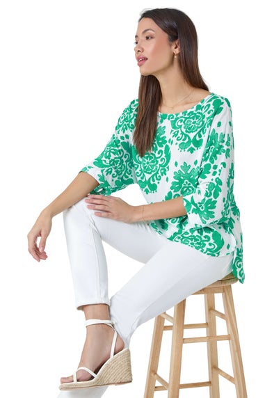 Roman Green Textured Paisley Print Tunic Top