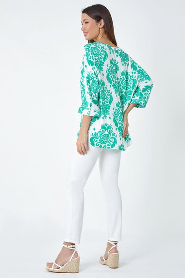 Roman Green Textured Paisley Print Tunic Top