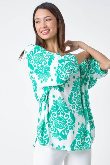 Roman Green Textured Paisley Print Tunic Top