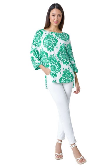 Roman Green Textured Paisley Print Tunic Top