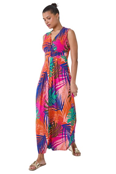 Roman Pink Tropical Gathered Stretch Wrap Maxi Dress