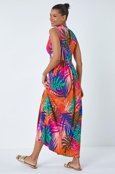 Roman Pink Tropical Gathered Stretch Wrap Maxi Dress