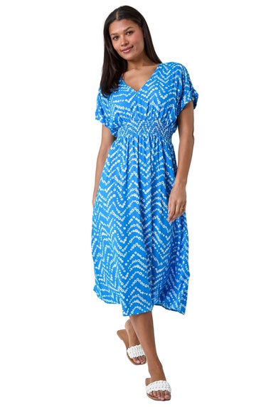 Roman Blue Abstract Floral Zig Zag Print Midi Dress