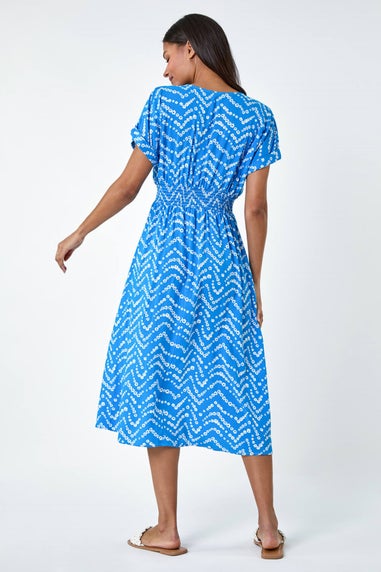 Roman Blue Abstract Floral Zig Zag Print Midi Dress