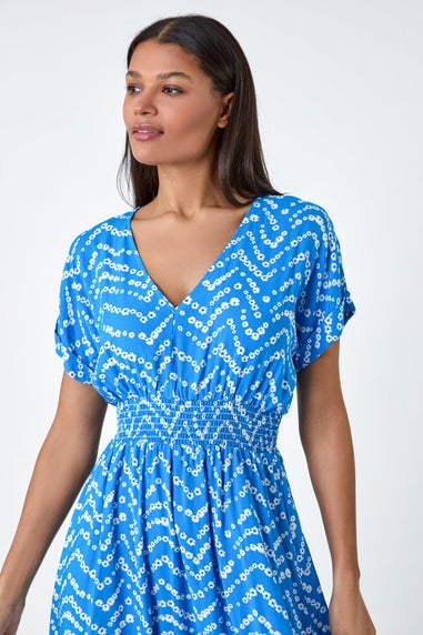 Roman Blue Abstract Floral Zig Zag Print Midi Dress