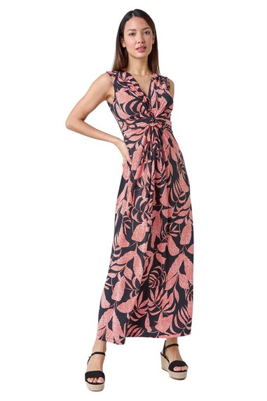 Roman Black Sleeveless Floral Print Maxi Stretch Dress