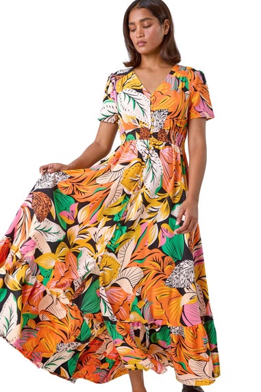 Roman Orange Tropical Print Frilled Hem Maxi Dress