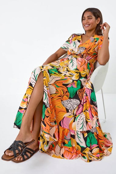 Roman Orange Tropical Print Frilled Hem Maxi Dress