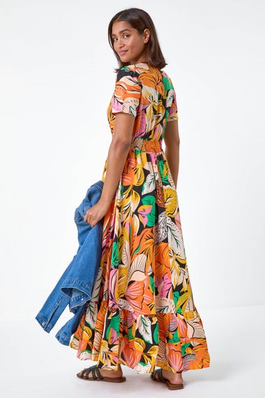 Roman Orange Tropical Print Frilled Hem Maxi Dress