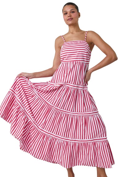 Roman Red Sleeveless Stripe Tiered Cotton Maxi Dress