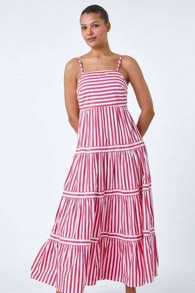 Roman Red Sleeveless Stripe Tiered Cotton Maxi Dress