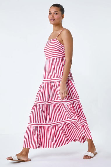 Roman Red Sleeveless Stripe Tiered Cotton Maxi Dress