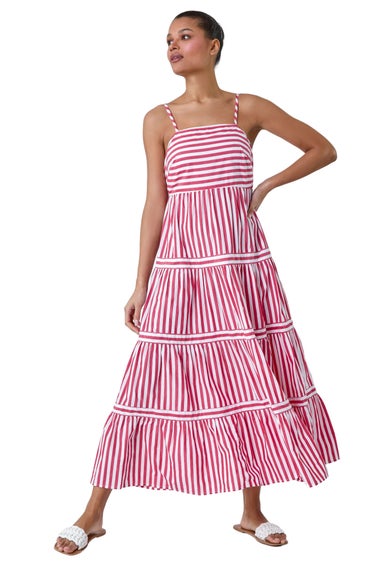 Roman Red Sleeveless Stripe Tiered Cotton Maxi Dress