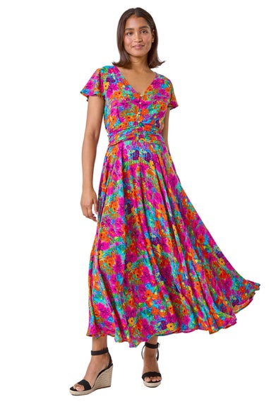 Roman Fuchsia Floral Ruched Waist Midi Dress