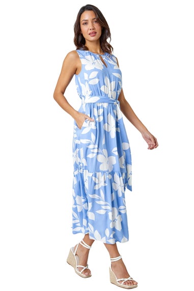 Roman Light Blue Sleeveless Floral Print Maxi Dress