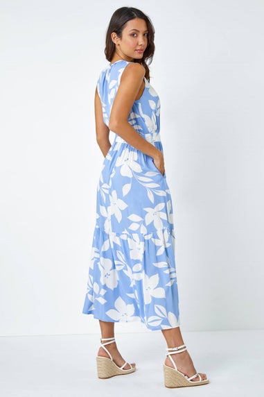 Roman Light Blue Sleeveless Floral Print Maxi Dress