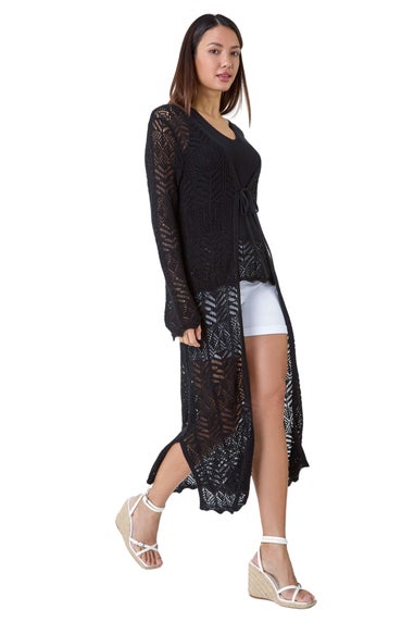 Roman Black Longline Tie Cotton Blend Knit Cardigan