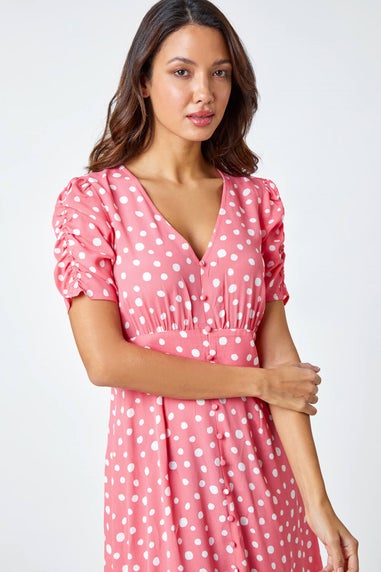 Roman Pink Polka Dot Ruched Sleeve Midi Dress