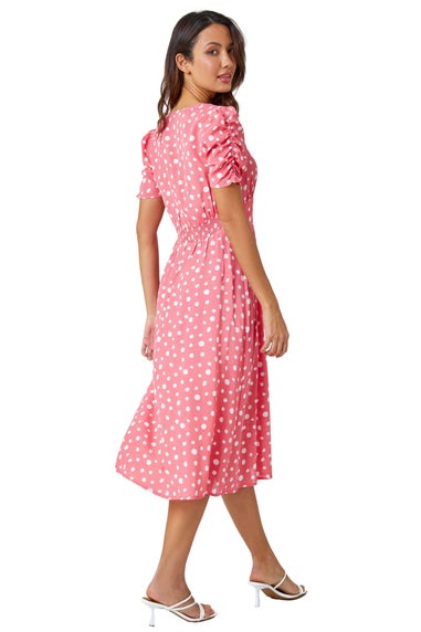 Roman Pink Polka Dot Ruched Sleeve Midi Dress