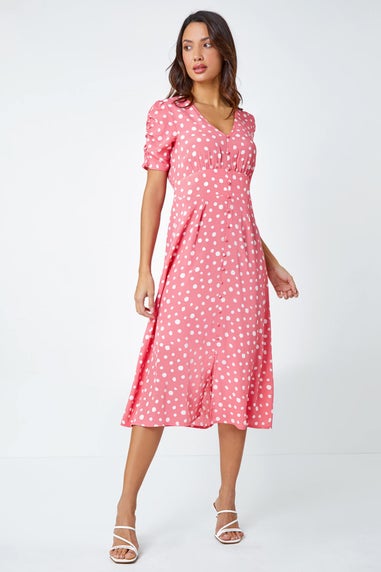 Roman Pink Polka Dot Ruched Sleeve Midi Dress