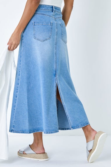 Roman Light Blue Cotton Blend Denim A line Maxi Skirt