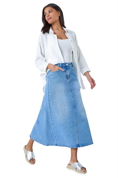 Roman Light Blue Cotton Blend Denim A line Maxi Skirt