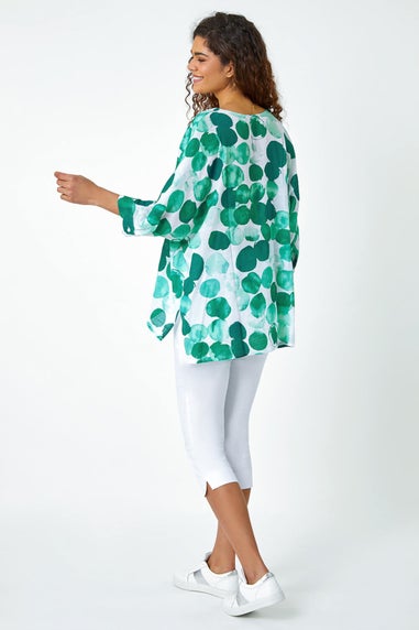 Roman Green Spot Print Relaxed V-Neck Woven Top