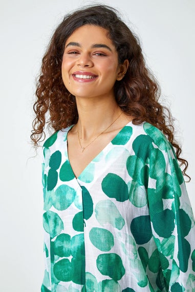 Roman Green Spot Print Relaxed V-Neck Woven Top