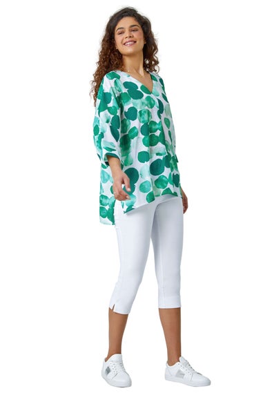 Roman Green Spot Print Relaxed V-Neck Woven Top