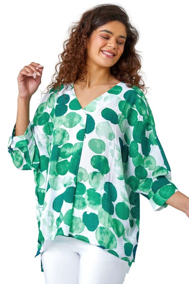 Roman Green Spot Print Relaxed V-Neck Woven Top