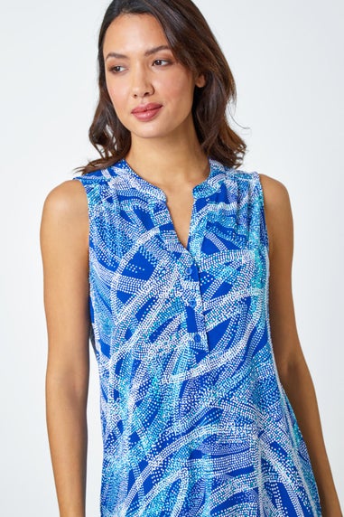 Roman Blue Textured Spot Print Sleeveless V-Neck Top