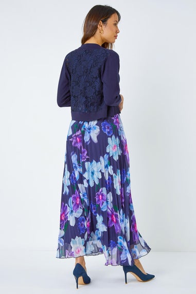 Roman Navy Floral Print Pleated Chiffon Wrap Maxi Dress