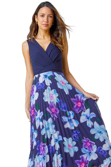 Roman Navy Floral Print Pleated Chiffon Wrap Maxi Dress