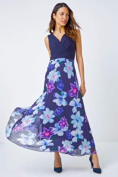 Roman Navy Floral Print Pleated Chiffon Wrap Maxi Dress