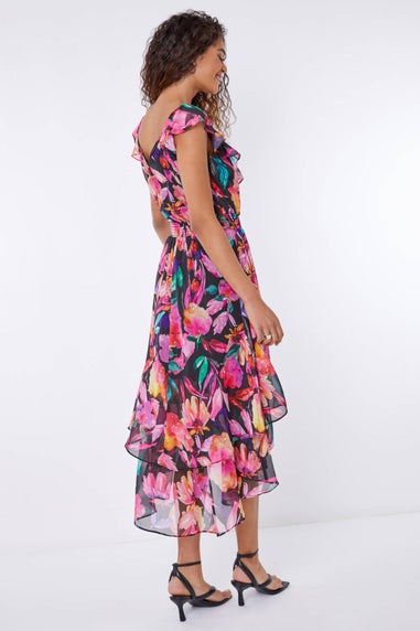 Roman Black Floral Shirred Waist Chiffon Ruffle Midi Dress