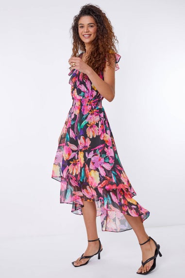 Roman Black Floral Shirred Waist Chiffon Ruffle Midi Dress