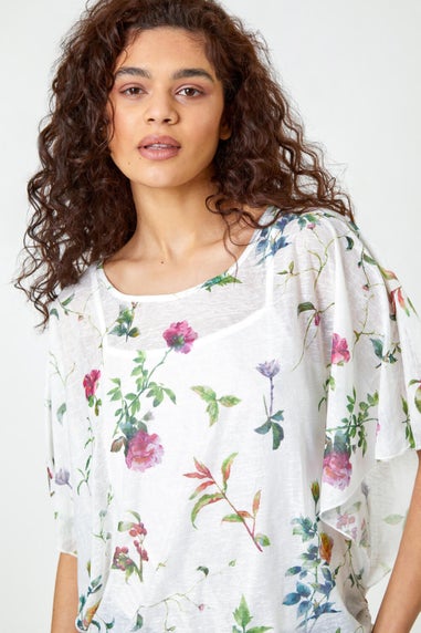 Roman Ivory Floral Print Ruched Batwing Top