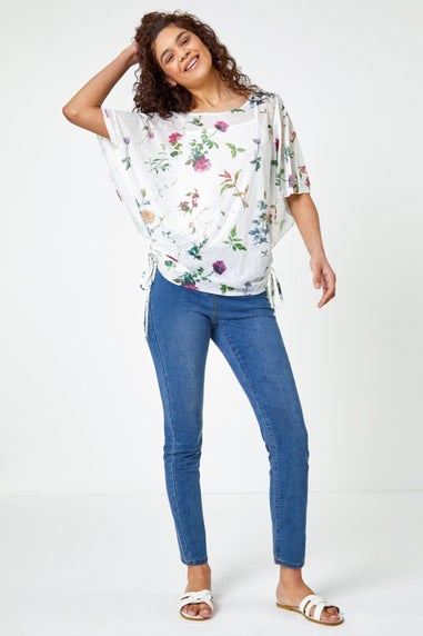Roman Ivory Floral Print Ruched Batwing Top