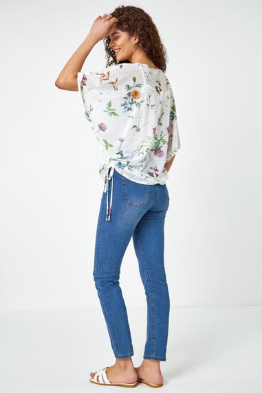 Roman Ivory Floral Print Ruched Batwing Top