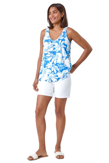 Roman Blue Sleeveless Floral Print Stretch V-Neck Vest