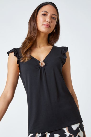 Roman Black Ring Detail Frill Stretch Top