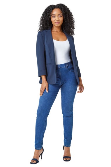 Roman Navy Petite 3/4 Sleeve Classic Stretch Blazer