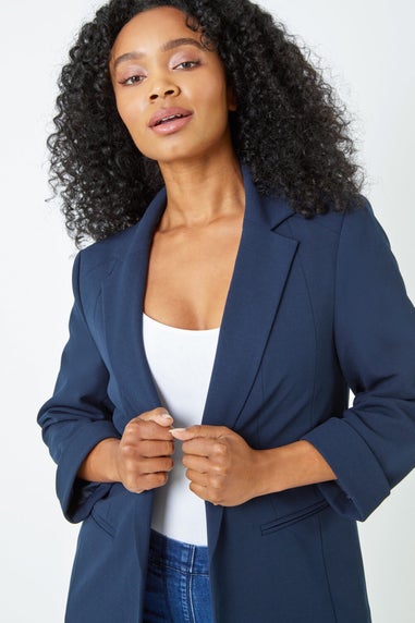 Roman Navy Petite 3/4 Sleeve Classic Stretch Blazer