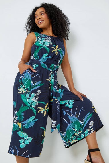 Roman Navy Petite Floral Print Cropped Culotte Jumpsuit