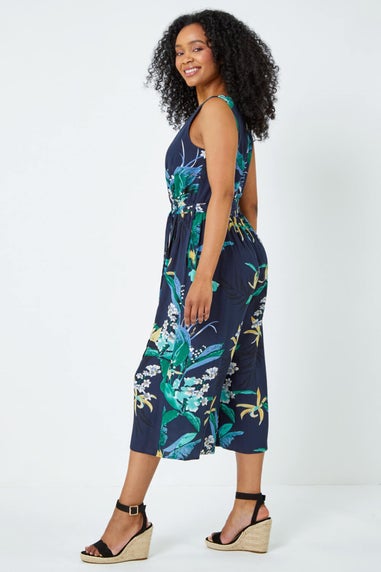 Roman Navy Petite Floral Print Cropped Culotte Jumpsuit