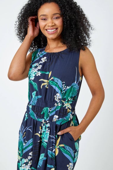 Roman Petite Navy Petite Floral Print Cropped Culotte Jumpsuit