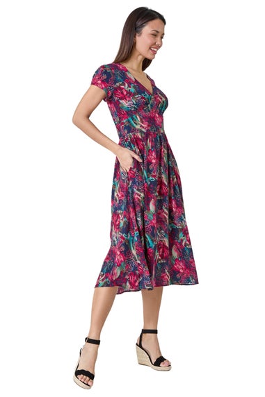 Roman Wine Floral Print Shirred Midi Dress